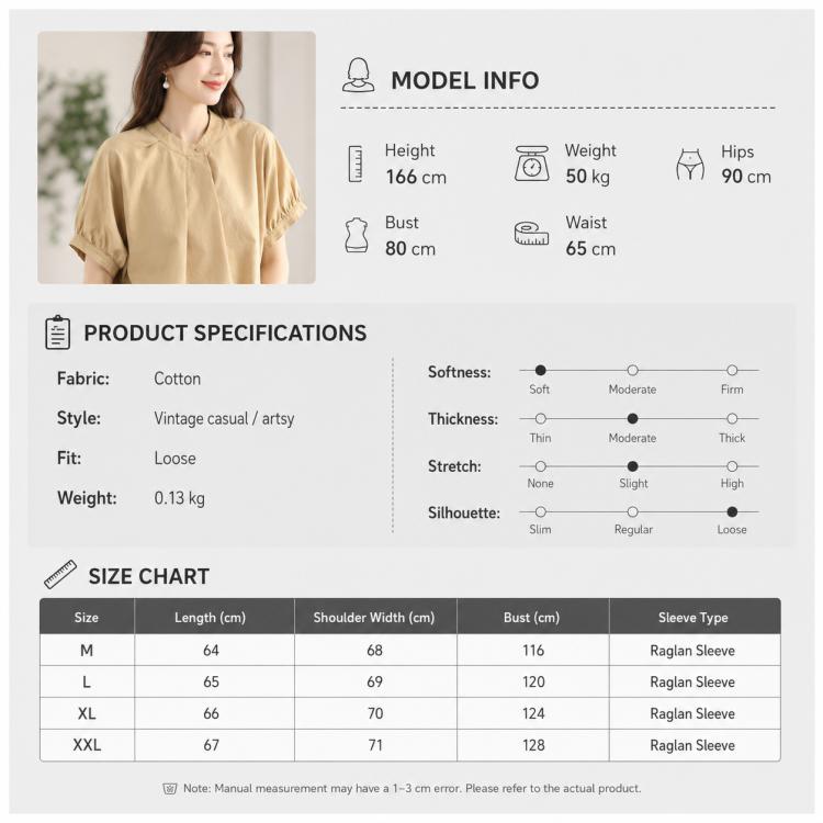 Women’s vintage overlap-collar shirt size chart with fabric and fit details