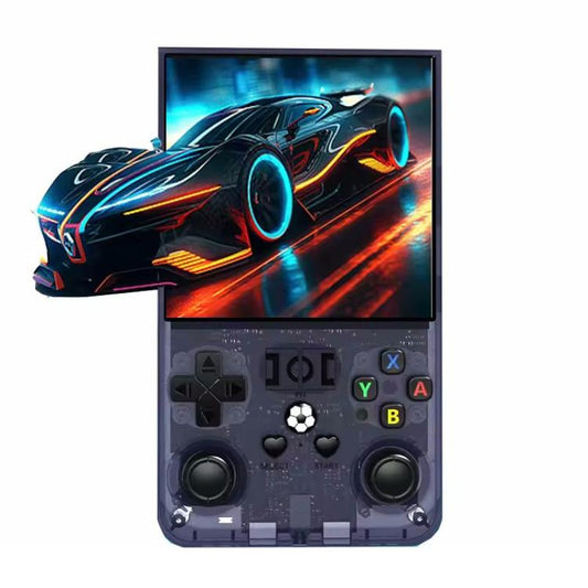 Dark handheld retro game console with 4-inch screen and ABXY button layout