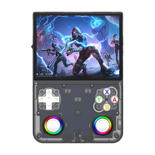 Black handheld retro game console with 4.5-inch screen and dual thumbsticks