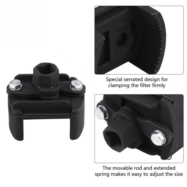 Adjustable two-jaw oil filter wrench with serrated clamping teeth for firm grip