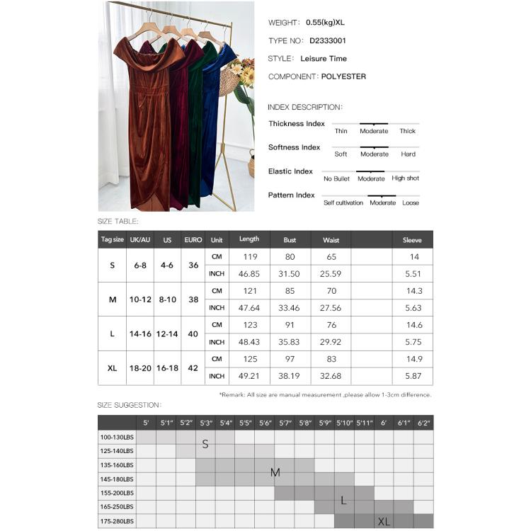 Velvet dress size chart table with measurements for S to XL: bust, length, weight