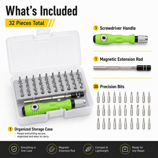 Magnetic screwdriver bit set kit with green handle, extension rod, and precision bits