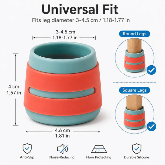 Universal fit silicone leg caps, teal and orange striped, for round and square legs