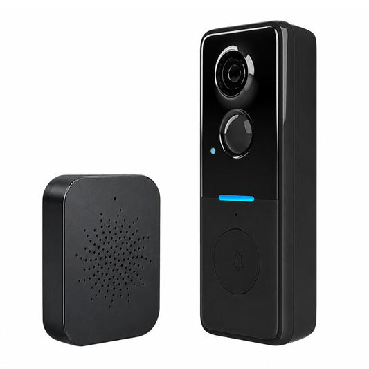 Black smart video doorbell camera with built-in speaker and round doorbell button