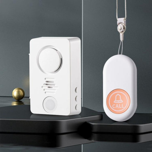 Wireless call receiver and oval wearable call button, both white, with orange CALL badge.