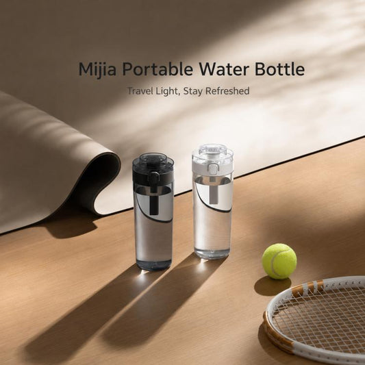 Two portable water bottles, one white and one dark, with flip-top lids