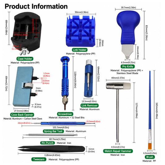 Watch repair tools diagram: blue punch, screwdriver, tweezers, and case tools set