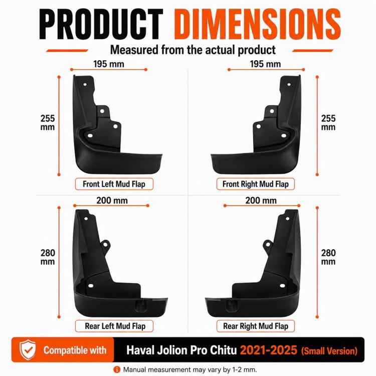 Black car splash flaps showing product dimensions for front and rear flaps