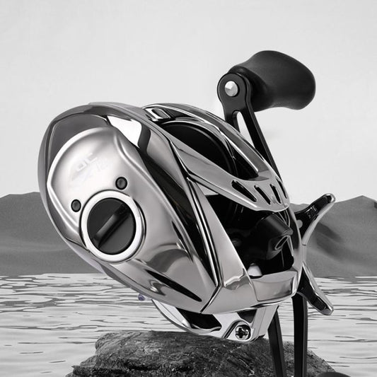 Black and chrome baitcasting fishing reel with black handle and round spool cover