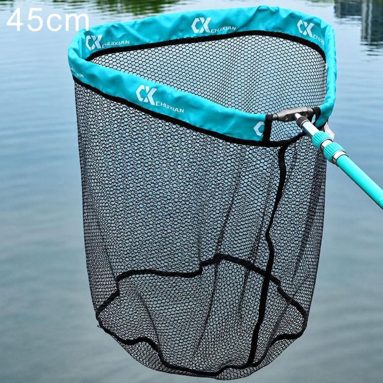 Round landing net with black mesh and turquoise rim, 45 cm, water-ready handle