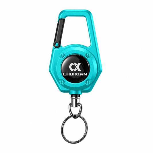 Cyan retractable reel carabiner key holder with steel cable and round key ring