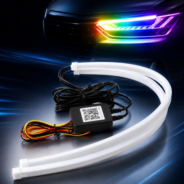 Glowing white LED strip with bundled wiring and RGB lighting near headlight