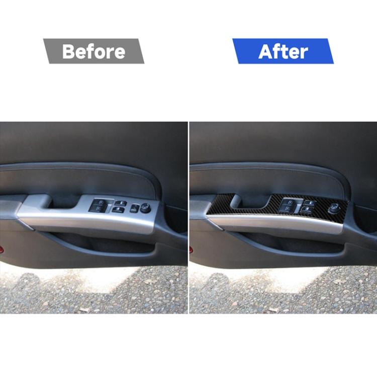 Before-and-after: carbon fiber-look door switch trim sticker on car door panel