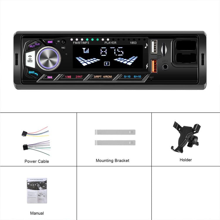 Single-DIN car MP3 player with accessories: power cable, mounting bracket, and phone holder