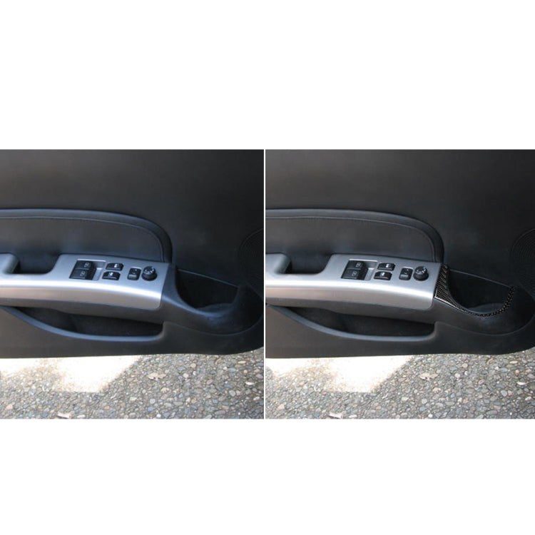 Car door cup hole area shown before and after with carbon fiber trim