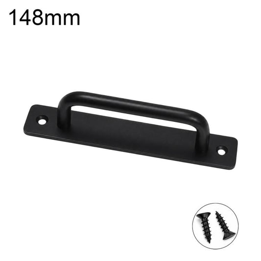 Black cabinet pull handle, 148mm, with mounting screws and base plate