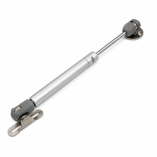 Hydraulic cabinet gas strut with clip-style mounts, silver rod and black end caps