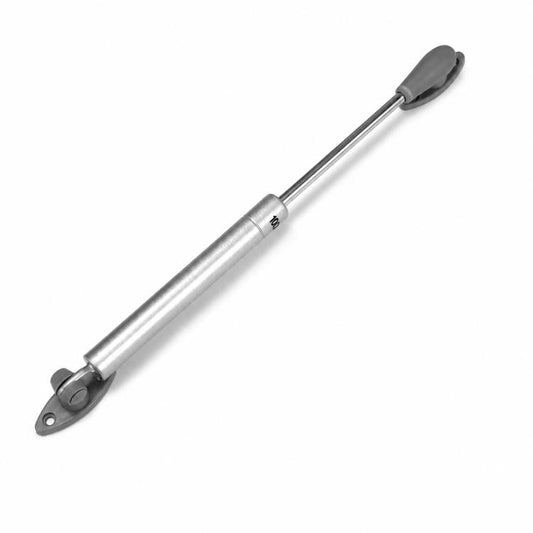 Hydraulic cabinet gas strut with silver rod, gray bases, and dark protective cap