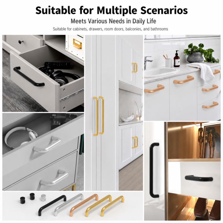 Black cabinet door pull handles installed on drawers and cabinet doors, curved bar