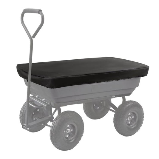 Black protective cover on a wheeled cart with tall handle, studio view.