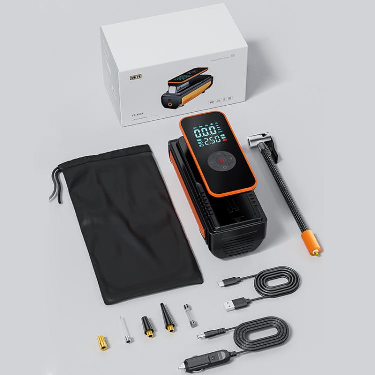 Car tire inflator kit with dual-screen pump, hose, nozzles, power cable, and storage bag