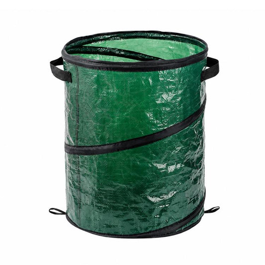 Foldable green leaf garbage bin with black top rim and carry handles