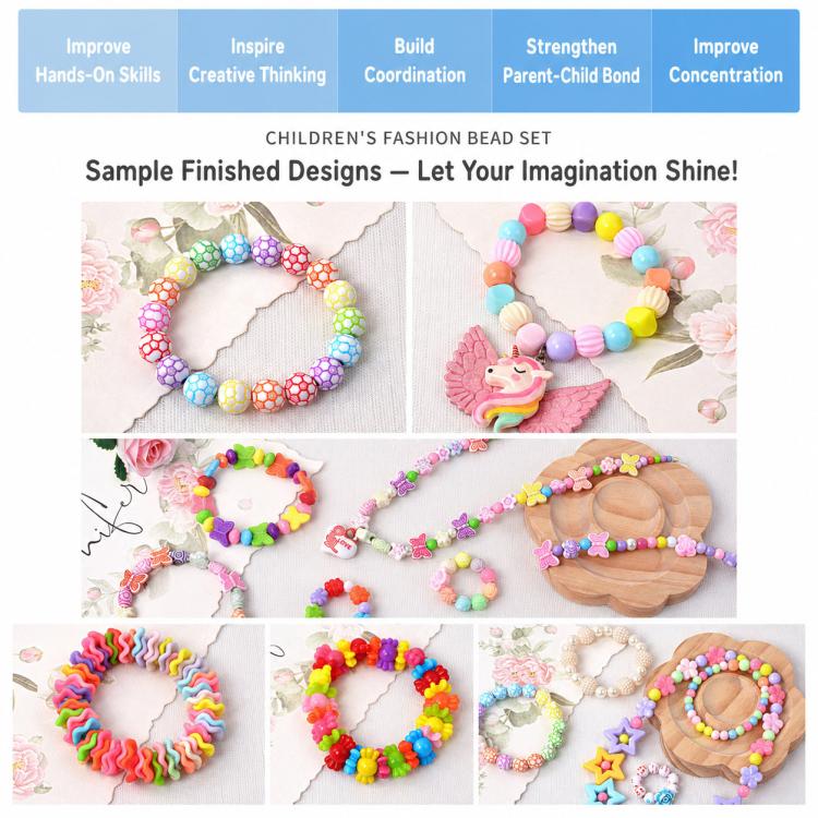 DIY beaded bracelet set with multiple sample finished bracelets in bright colors