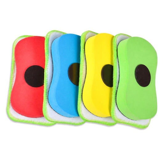 Set of 4 magnetic chalkboard erasers in red, blue, yellow, and green felt pads