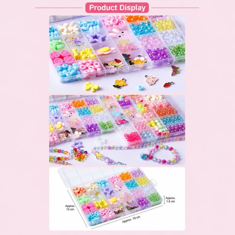 Multi-color bead kit display with separated compartments and finished bracelets.