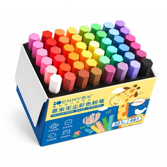 ENMY dust-reduced colored chalk set in a tray, multicolor sticks including white and black