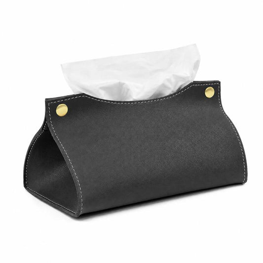 Black PU leather tissue box cover with open flap and metal snap button details.
