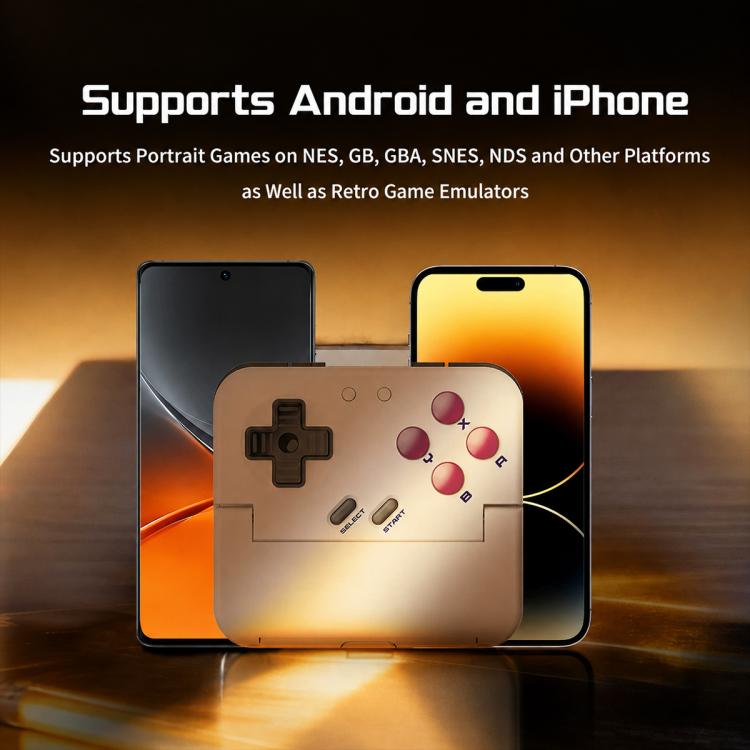 Gray pocket game controller with thumb controls, shown with smartphone screens behind