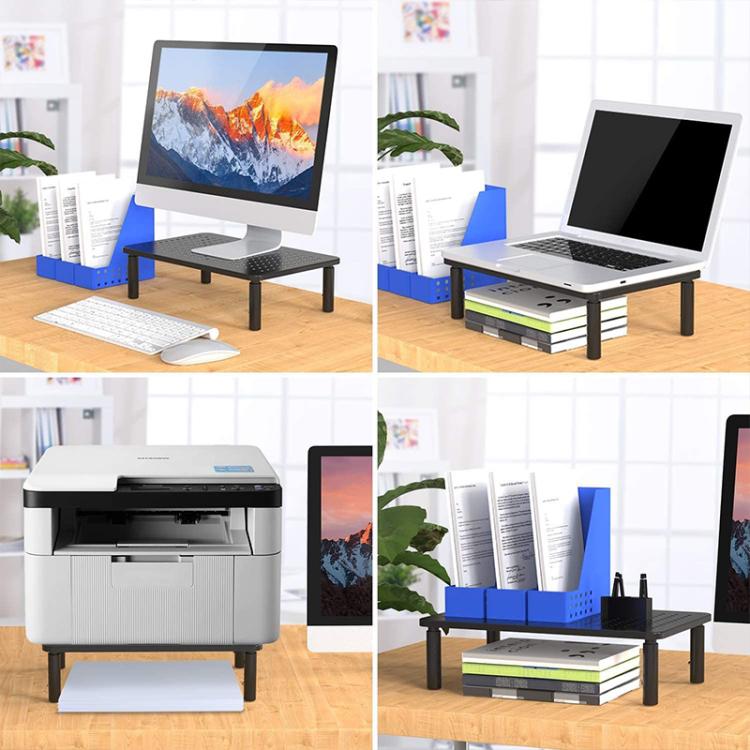 Black adjustable monitor stand with perforated top, shown at multiple height levels