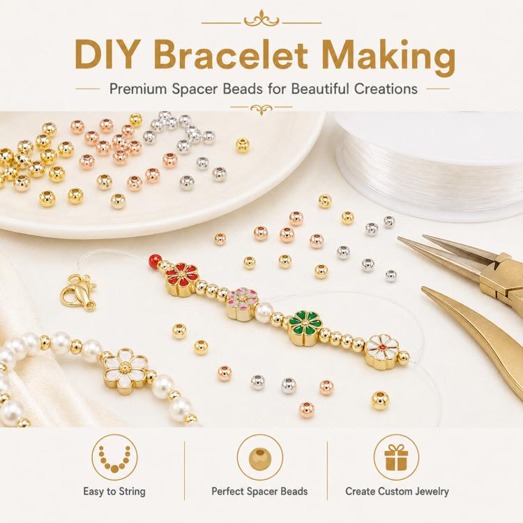 Gold spacer beads for bracelet making, with floral charm bracelet and loose beads