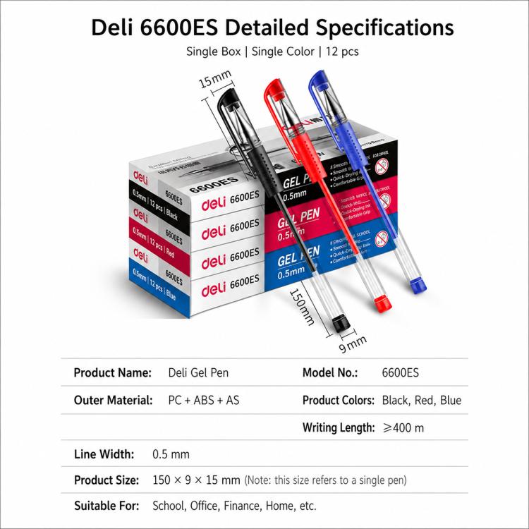 Deli 12-pack gel pen set in black, red, and blue with 0.5mm bullet tips