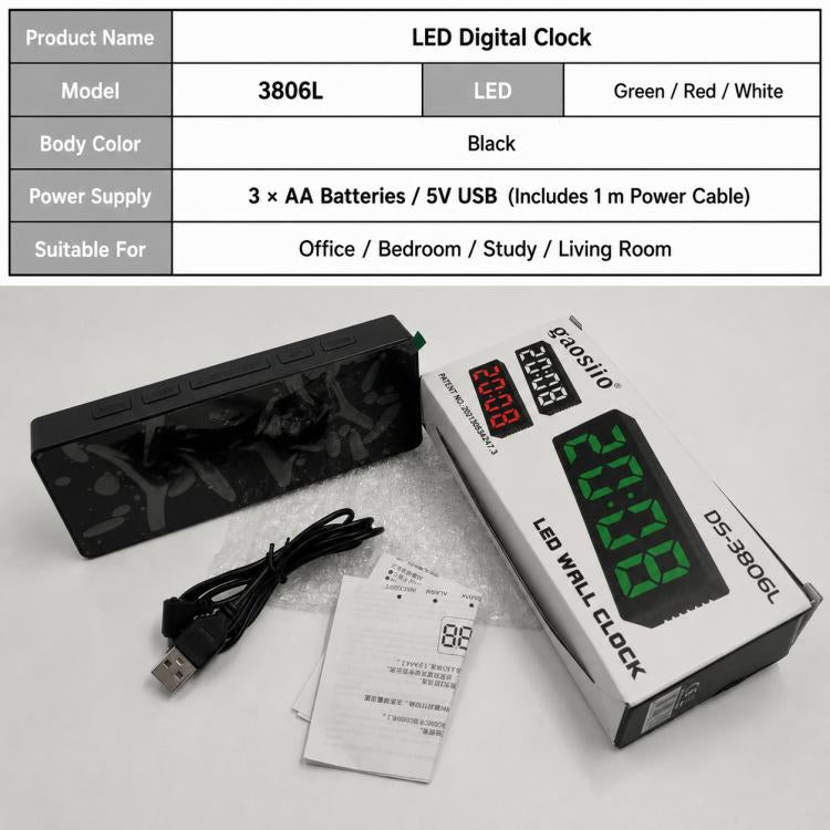 3806L Home Desktop LED Electronic Clock Perpetual Calendar Digital Alarm Clock, White, Red, Green
