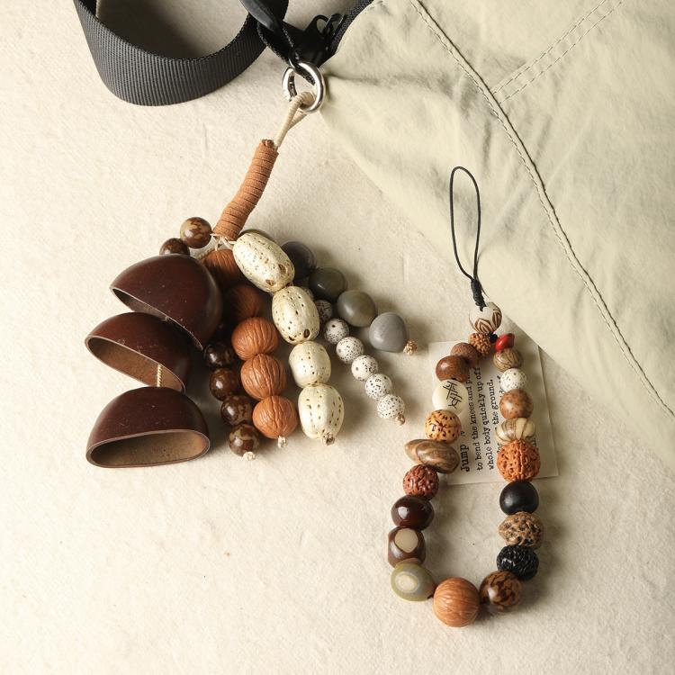 Bodhi seed beaded bracelet set with mixed round beads in brown, orange, white and green