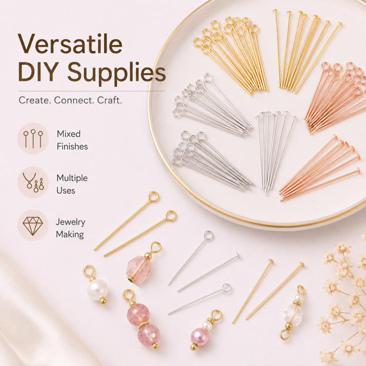 Assorted eye pins and head pins in gold and silver tones, mixed finishes