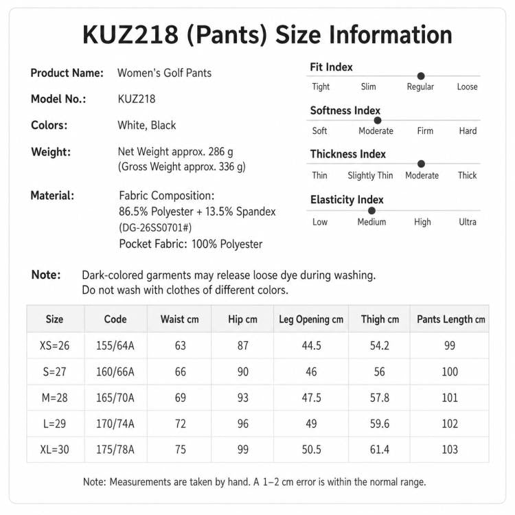 KUZ218 women’s golf pants size information chart.