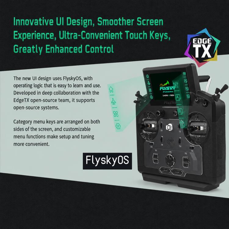 FlySky RC radio transmitter with LCD screen, dual joysticks, and two side antennas