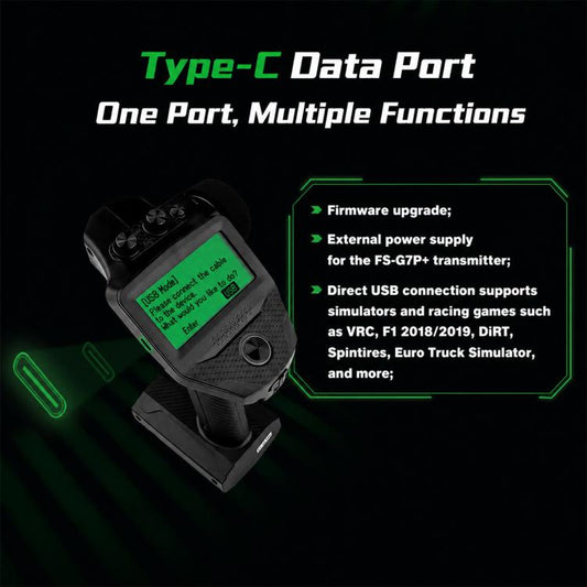 FlySky G7P+ RC transmitter with green LCD display and antenna base, handheld remote