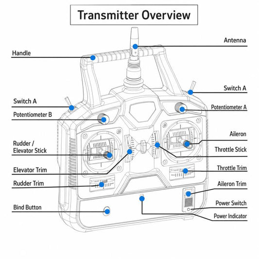 RC radio transmitter layout diagram with labeled switches and trims