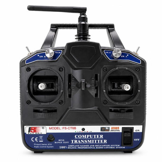 RC radio transmitter front view with two control sticks and top antenna