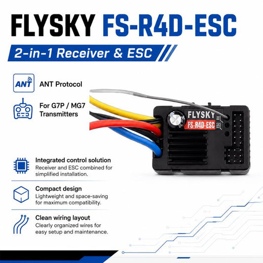 FlySky FS-R4D-ESC 2-in-1 receiver and ESC module with antenna and connector ports