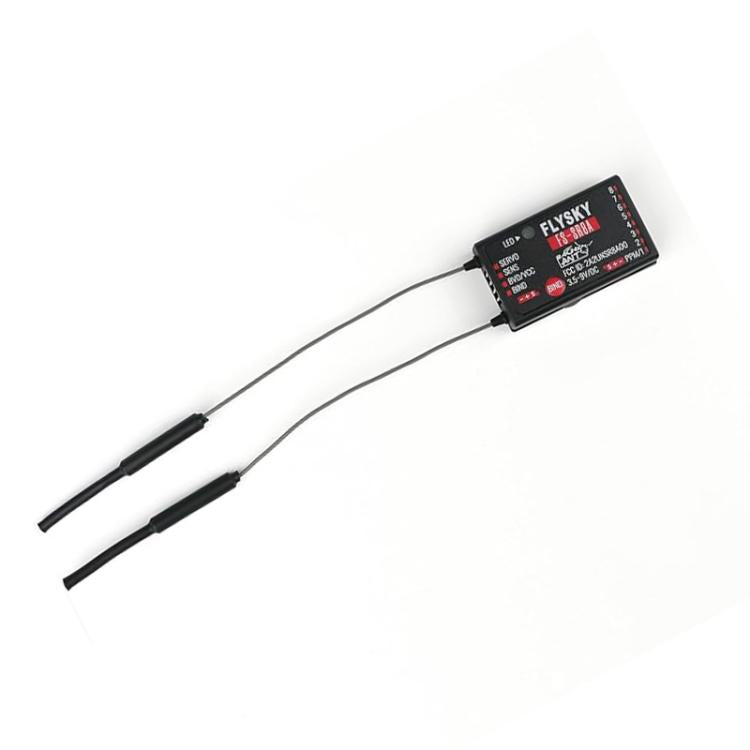 FlySky FS-SR8A 2.4GHz receiver with two long antenna leads and black housing