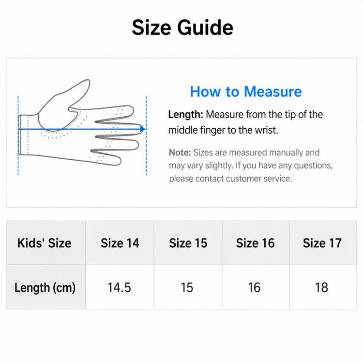 Kids golf glove size guide chart for sizes 14, 15, 16, and 17
