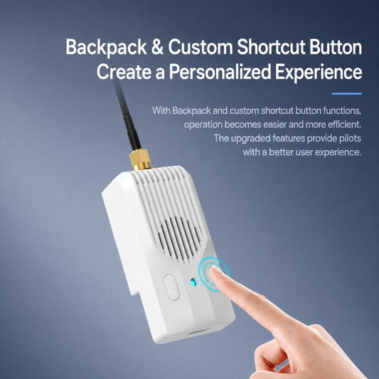 White nano RF module with side button and antenna cable, finger pointing