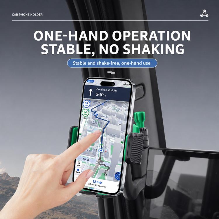 Anti-vibration truck phone holder with rotating mount, smartphone held on dashboard mount
