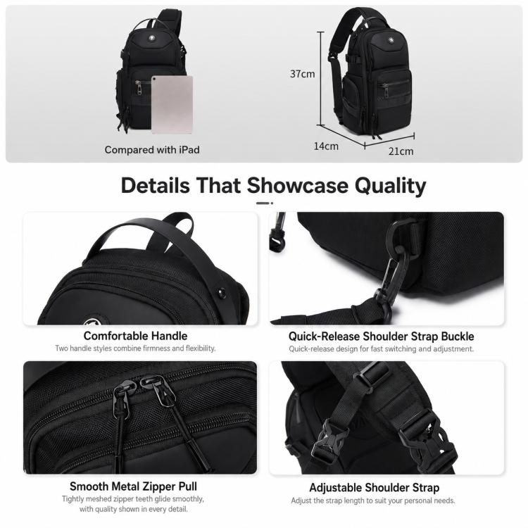 Black tactical chest bag with padded handle, smooth metal zipper pull, and adjustable strap