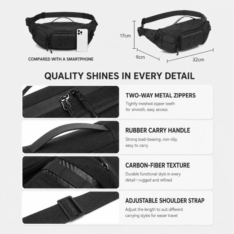 Black waist bag with metal zippers, rubber carry handle and adjustable shoulder strap